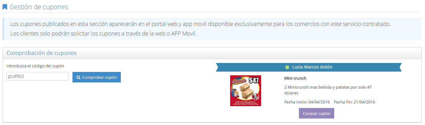 Cupones - Comprobar y canjear cupón